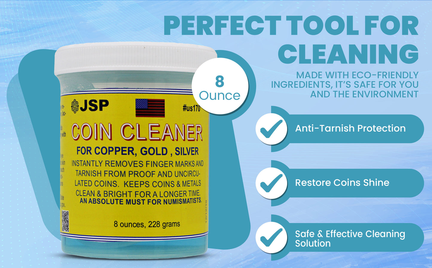 JSP Super Coin Cleaner 8 oz for Copper, Gold, Silver, & Platinum Precious Metals Jewelry Coins Bars