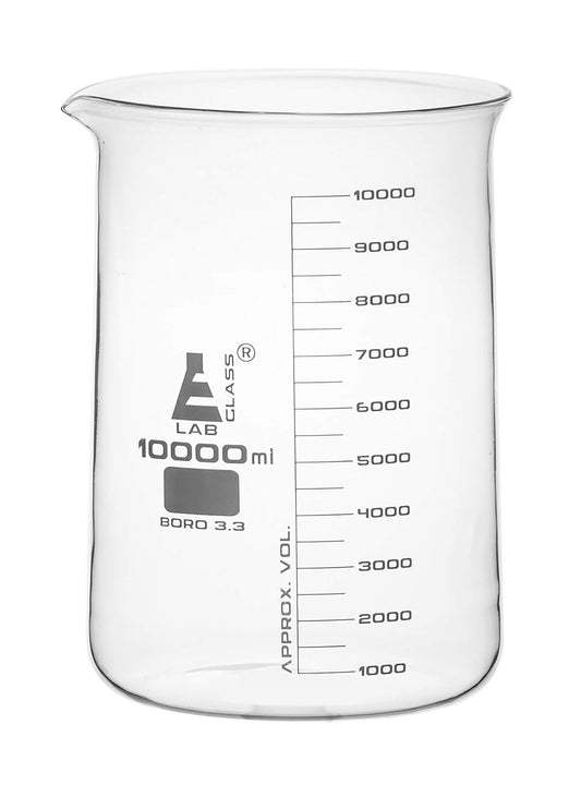 10,000ml Beaker Low Form with Spout - White, 500ml Graduations - Borosilicate 3.3 Glass - 10L Large Beaker