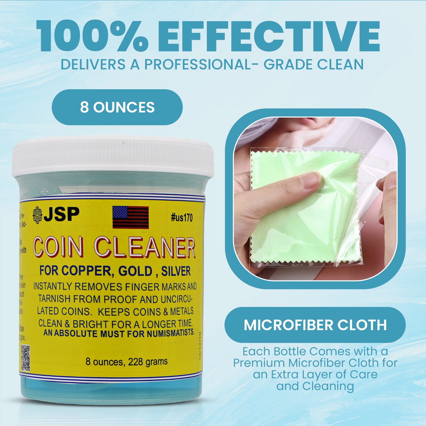 JSP Super Coin Cleaner 8 oz for Copper, Gold, Silver, & Platinum Precious Metals Jewelry Coins Bars