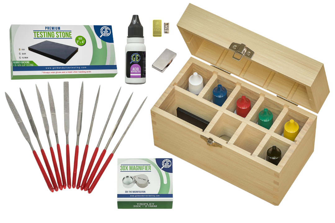 Essentials Kit | Gold, Silver & Platinum Testing Kit | 13-Piece Appraisal Bundle with Acid Solutions, Storage Box, Files, Loupe, Test Bars, Magnet & Neutralizer